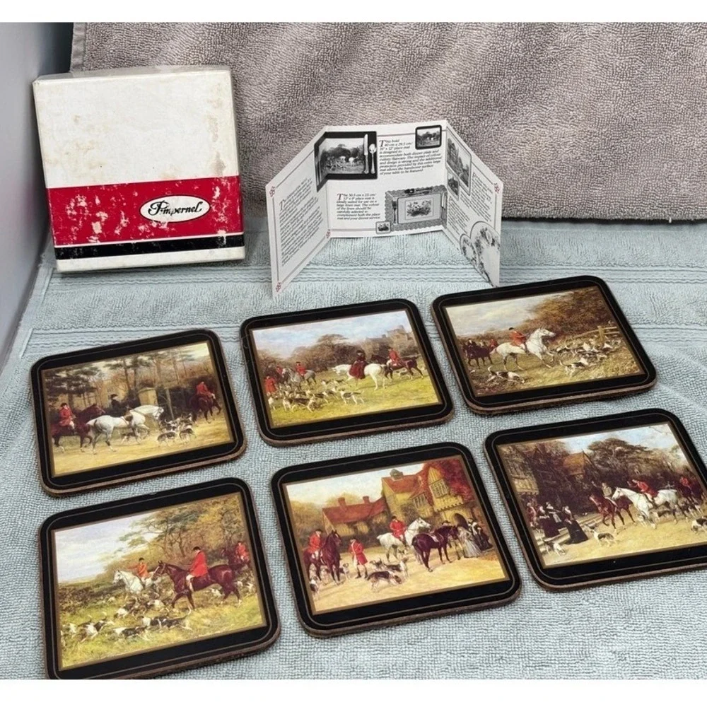 VTG Set 6 Pimpernel Placemats Cork‎ Backed English Fox Hunt/Equestrian New